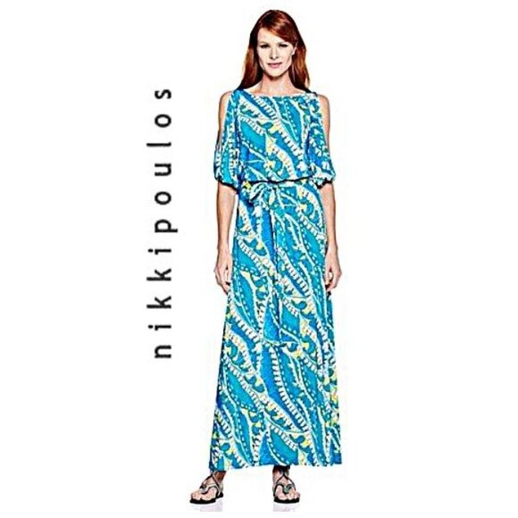 NIKKI POULOS, Turquoise/lime green print cold shoulder maxi Hydra dress - Picture 3 of 15